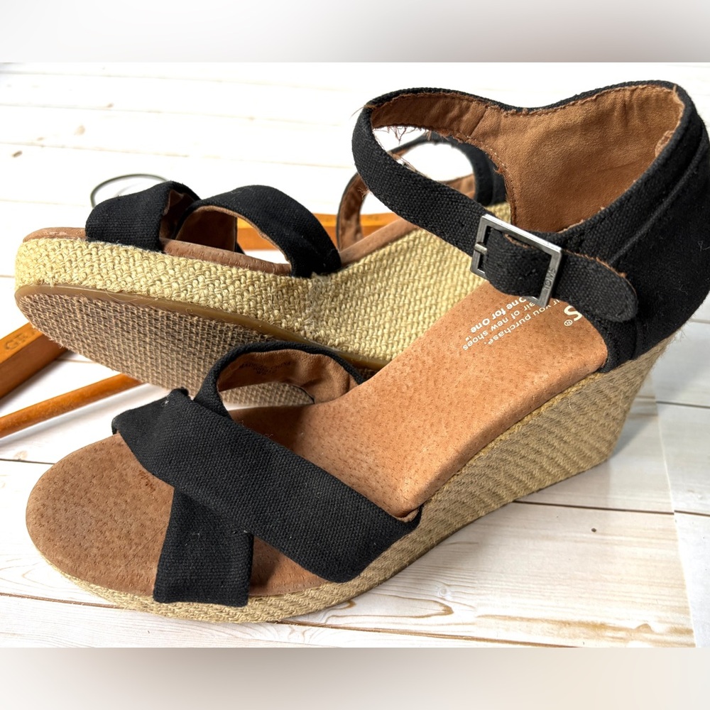 Toms Black Canvas Espadrille Wedge Sandals